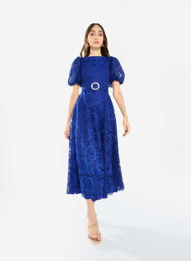 House of Moda Women Floral Lace Puff Sleeve Midi Dress